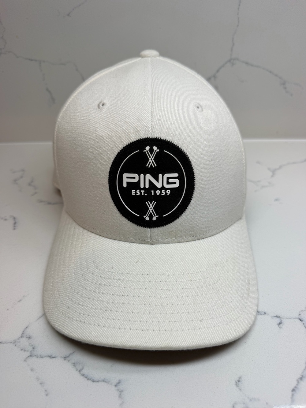 PING White Baseball-Style Golf Hat with Black Logo Patch